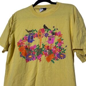 Vintage 90's Yellow T Shirt Birdhouse Floral Print Graphic Tee